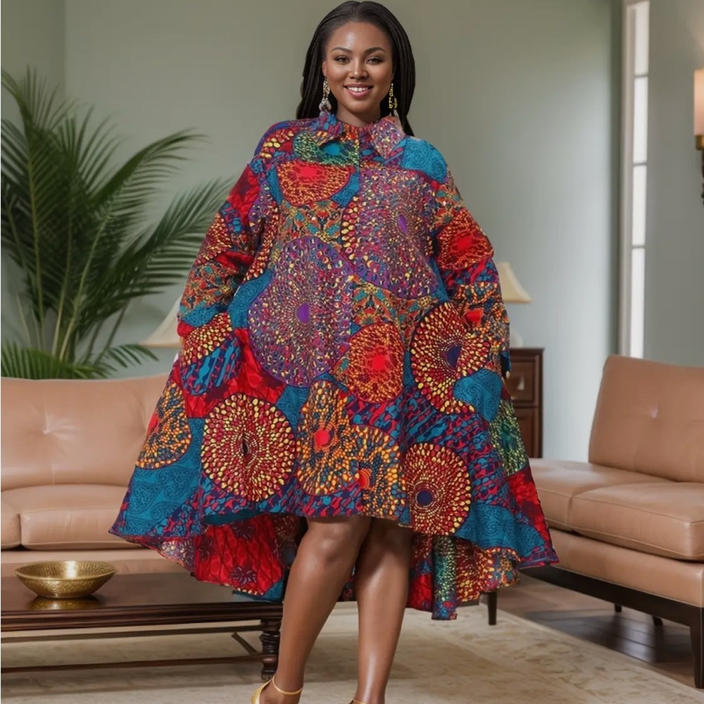 “Radiant Grace” High-Low Multi-Color African Print Button Down Dress